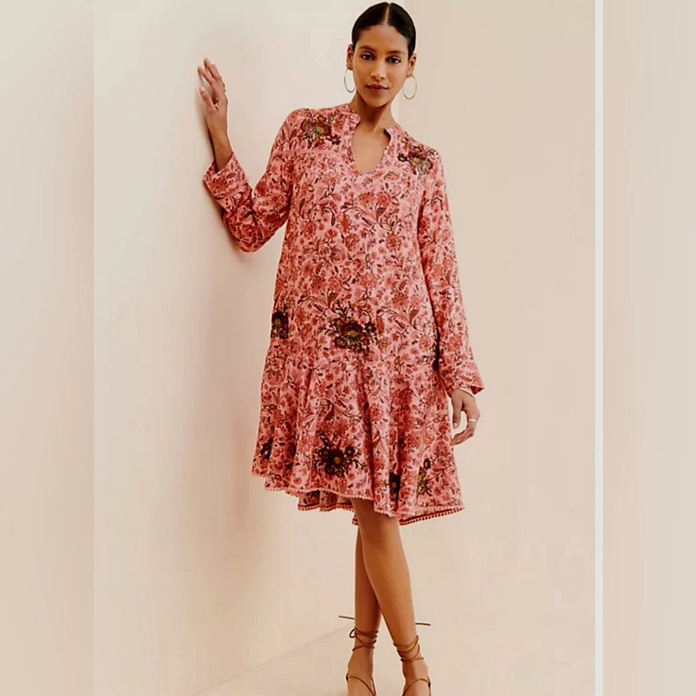 Ollari Anthropologie Embroidered Floral Oversized Flowy Boho Dress XXS